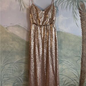 Belsoie Gold Sequin Spaghetti-Strap Evening Dress, size 14